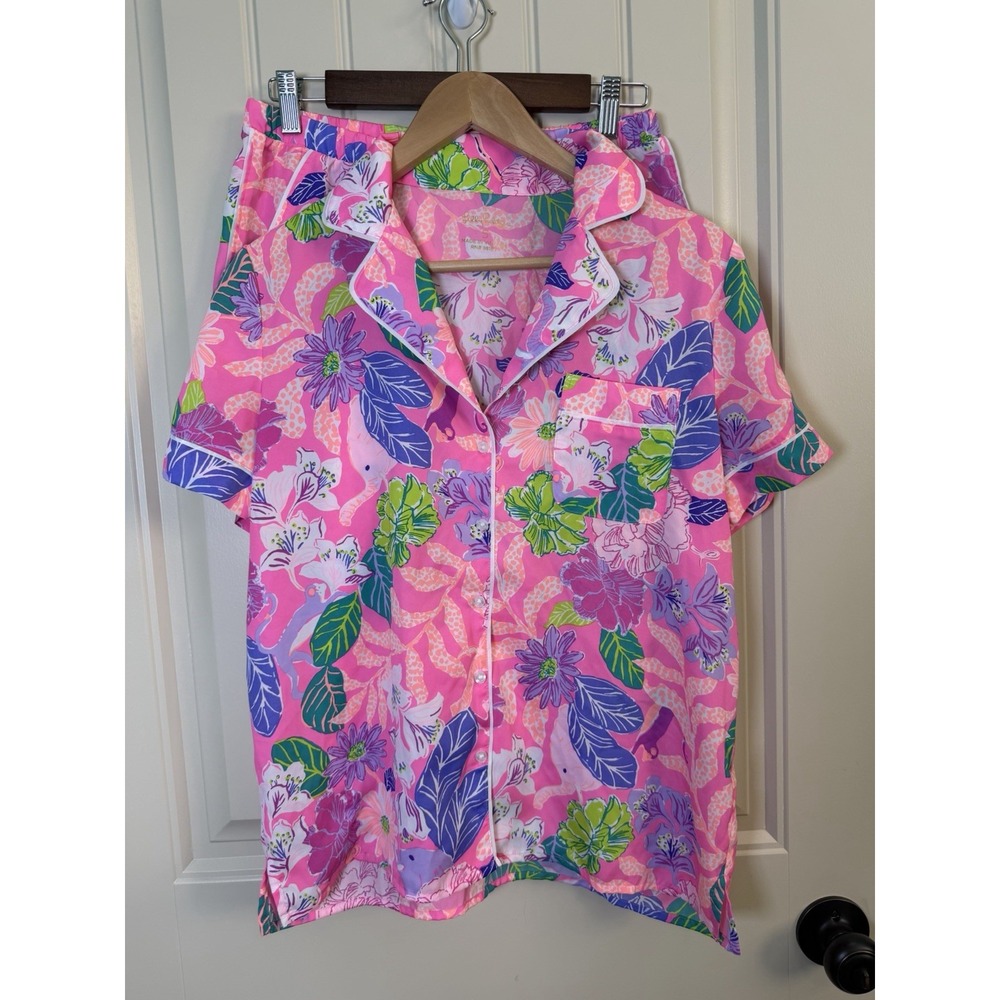 Lilly Pulitzer Women Teagan Floral Satin Pajama Set Sm Pink Tropical Sleepwear